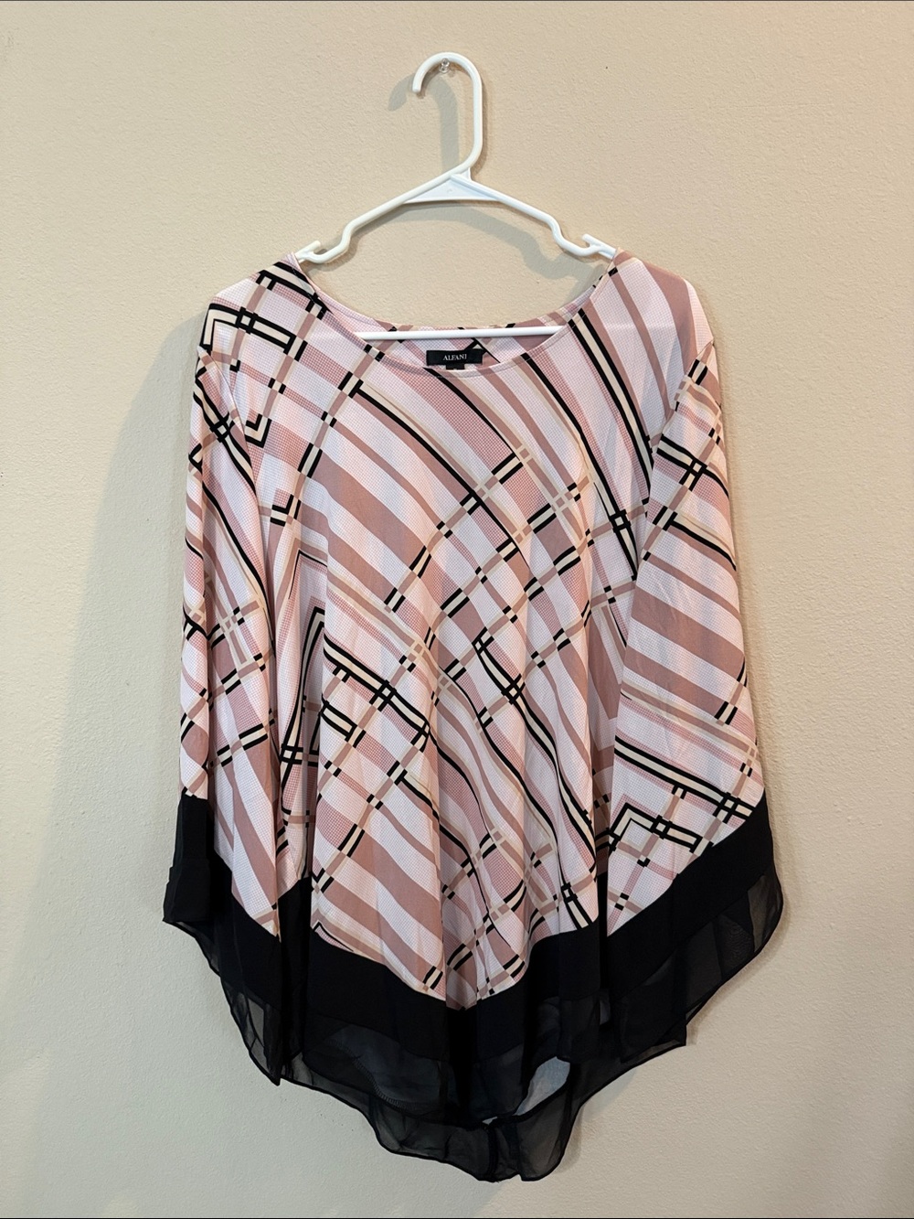 Alfani Pink Plaid Boatneck Poncho with Black Hem